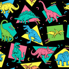  Dinosaurs Seamless Pattern. Cartoon Dinosaurs Kids Seamless Repeat Design. Dinos in Neon Colors Seamless Pattern. © cddesign.co
