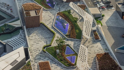New promenade on gate avenue located in Dubai international financial center aerial timelapse.