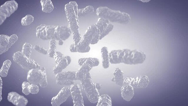 Animation of white rod shaped bacteria floating from left to right on white background. Bacterial infection and antibiotic resistance concept