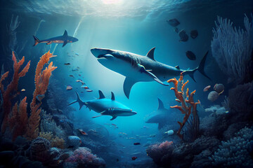 Fototapeta na wymiar Animals of the underwater sea world. Ecosystem. Colorful tropical fish. Life in the coral reef. AI Generated