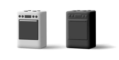 3d set of ovens with gas hob. White and black design. For cooking. Image on a light background.