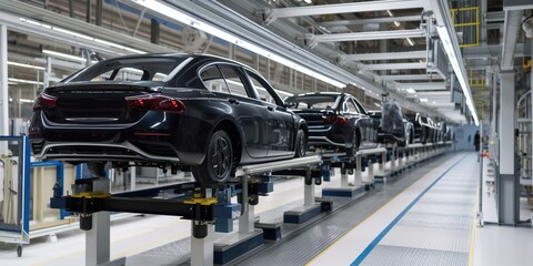 Fototapeta premium Car production conveyor, concept of Manufacturing process and Assembly line, created with Generative AI technology