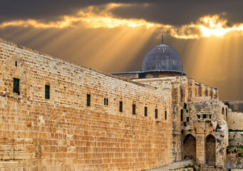 Morning view with beams of sunlight on ancient Al-Aqsa Mosque, the Mosque is  located in old city...