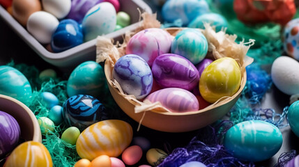 painted easter eggs in basket, generative ai