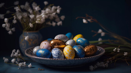 chocolate easter eggs on a plate with white flowers, generative ai