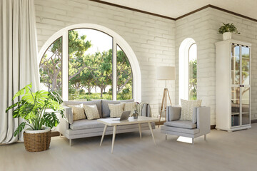 luxurious landhouse countryhouse apartment with arched window and landscape view; noble interior living room design mock up; 3D Illustration