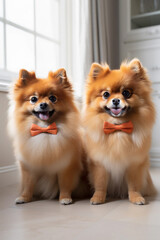 Two Curious Pomeranian spitz dog with red bows looking at the camera in home. Adorable pet. Waiting for the over. Dog food. At an appointment with a veterinarian. Love for animals. generative ai 
