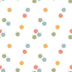 Cute hand drawn fruity seamless vector pattern. Kawaii background with colorful apples for kids room decor, nursery art, packaging, apparel, gift, print, wrapping paper, textile, fabric, wallpaper.