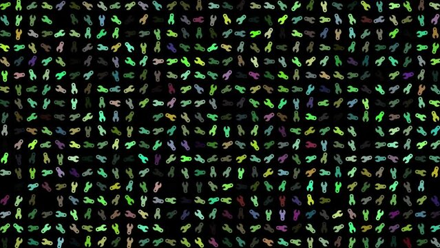 Colored flashing rotating spanners on black bg. Abstract festive background for advertising, congratulations, text. Colorful creative flat dynamic shapes animation. Business bg. 3D render.