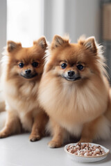 Obraz premium Two Curious Pomeranians spitz dog looking at the camera in home. Adorable pet. Waiting for the over. Dog food. At an appointment with a veterinarian. Love for animals. generative ai 