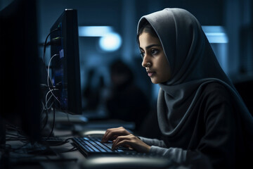 female muslim coder student developing programming on computer screen, generative ai