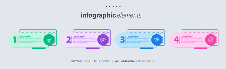 Concept of business model with 4 successive steps. Four yellow color graphic elements. Timeline design for brochure, presentation. Infographic design layout
