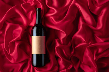 Bottle of red wine with an empty label on a satin background.
