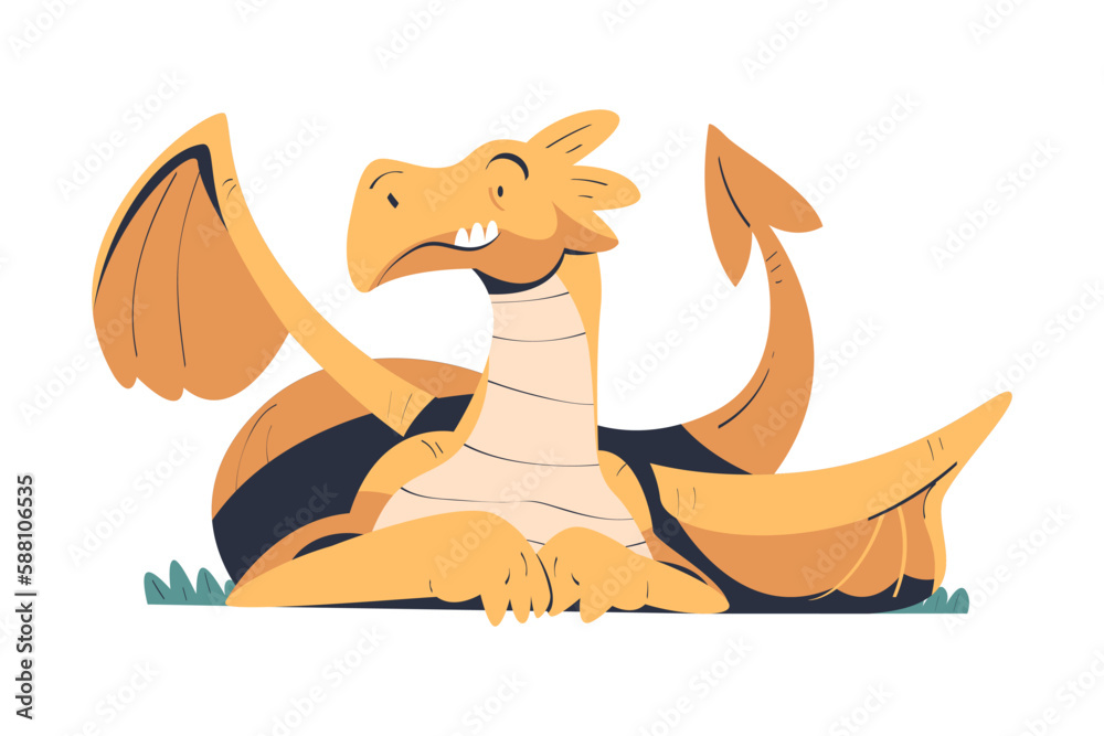 Wall mural fire breathing dragon with tail and wing as fairytale character vector illustration