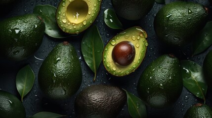 Fresh avocado with drops of water on a black background. Top view.