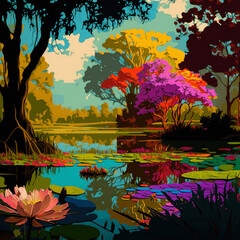 Fototapeta na wymiar Serene Oasis: A Colorful Landscape with Trees and Pond