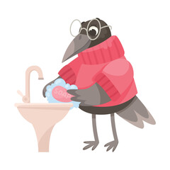 Crow Character Washing with Soap Foam Follow Hygiene Rule Vector Illustration