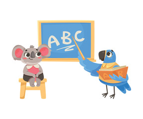 Parrot and Koala Student with Pointer at Chalkboard Studying at School Vector Illustration