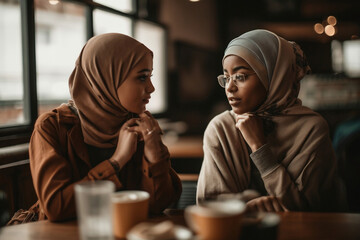 Young muslim woman enjoying cup of coffe in cafe., generative ai