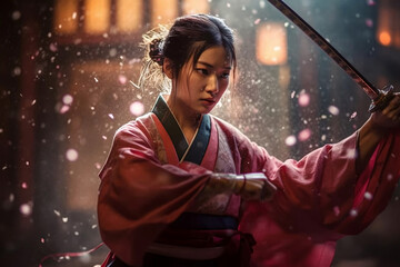 Portrait of samurai woman with katana, generative ai