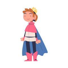 Cute Prince in Mantle with Golden Crown as Fairytale Character Vector Illustration