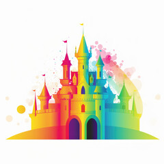 Rainbow color fairy tale castle illustration. Prince and princess castle. Pride month.