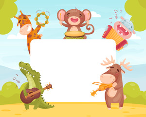 Empty Card with Animals Playing Musical Instrument Vector Template