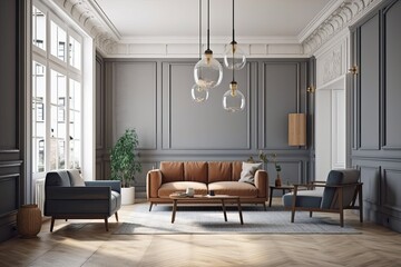 Fototapeta premium cozy living room with elegant furniture and a beautiful chandelier. Generative AI