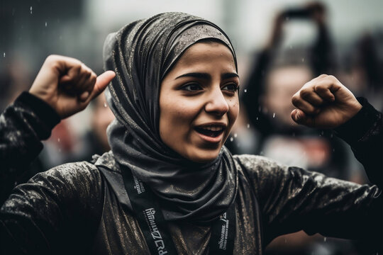 Young muslim woman runs, generative ai