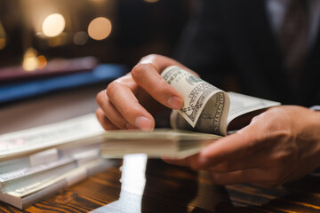 business hands holding dollar bank, Bookkeeper financial inspector checking a money to making...