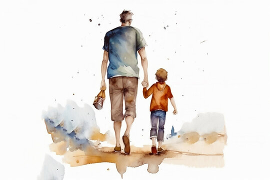 Watercolor painting of a father and child, ink painting, storybook illustration, fathers day background generated ai