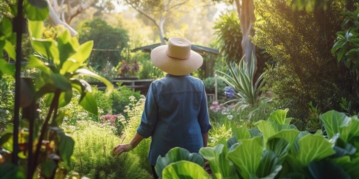 Rear view of joyful woman in her early 50s surrounded by lush greenery in her garden enjoys early retirement, created with Generative AI technology