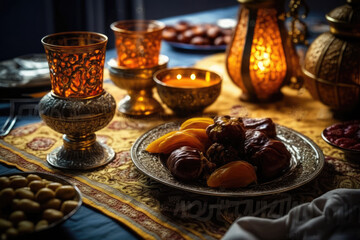 Obraz na płótnie Canvas Close up variety of table with arabic food during iftar meal on ramadan AI generated