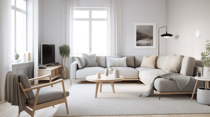 Design interior living room with sofa and armchair in grey color, generative ai