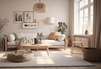 Fototapeta na wymiar Design interior living room with sofa and armchair in pastel color, generative ai