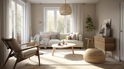 Design interior living room with sofa and armchair in pastel color, generative ai