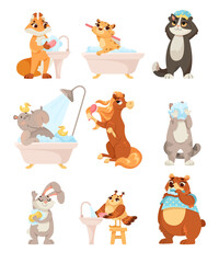 Animal Characters and Hygiene Rules Washing and Grooming Vector Set