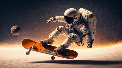 astronaut doing a skateboard. trick in the air. pastel color background with Generative AI.