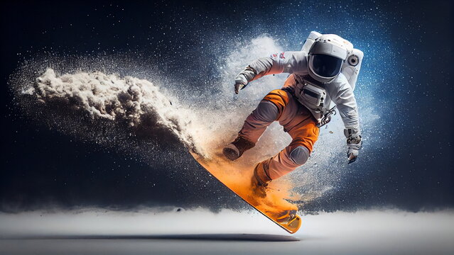 astronaut doing a skateboard. trick in the air. pastel color background with Generative AI.