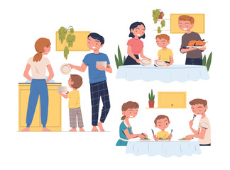 Family in the Kitchen Eating Meal and Serving Dinner at Table Vector Set