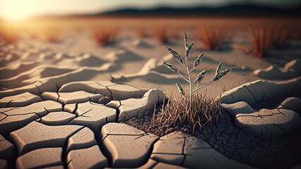 Grain field on dry cracked earth with Generative AI.