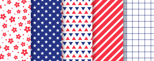 4th july seamless pattern. American backgrounds. Patriotic textures. Happy independence prints. Set of geometric backdrops. USA flag blue red wrapping paper with stars and stripes. Vector illustration