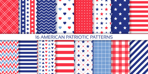Obraz premium American patriotic seamless texture. 4th July patterns. America independence backgrounds with stars, stripes and plaid. Set of abstract geometric prints. Blue red modern wallpaper. Vector illustration