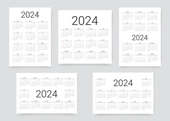 2024 year calendar. Calender template. Week starts Sunday. Layout grid of year planner. Yearly organizer with 12 months. Pocket or wall formats in English. Vector illustration. Simple design