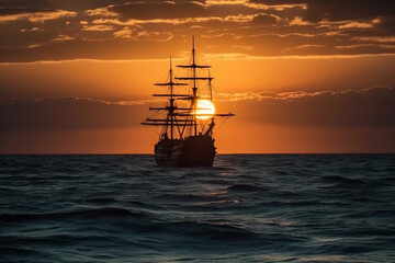 Obraz premium Amazing sunrise or sunset on the ocean or sea with vintage pirate ship in the distance and sun. Old wood or wooden sailboat crusing. Ai generated