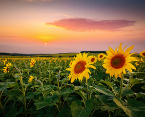 Spectacular view with bright yellow sunflowers close-up at sunset.