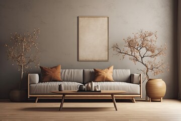 cozy living room with modern furniture and decorative vases on the coffee table. Generative AI