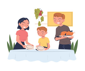 Family in the Kitchen at Table Serving Plate and Turkey Vector Illustration