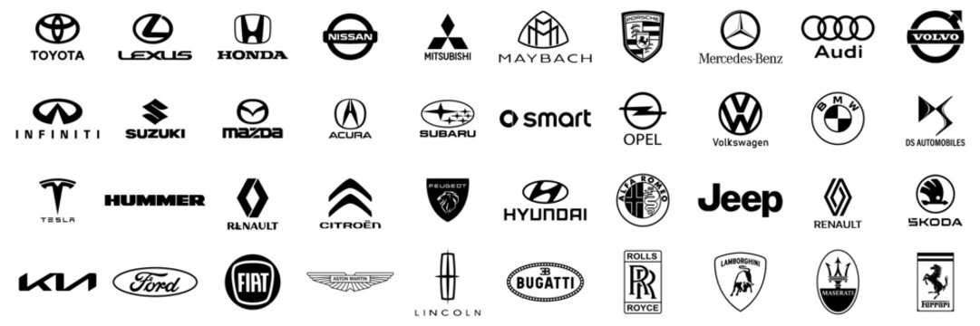 Big set of popular car brands logo. Collection of car emblems. Automobile logo. Vector editorial icons. Vinnytsia, Ukraine - April 2, 2023. 