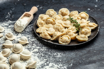 Traditional pelmeni, ravioli, dumplings filled with meat on plate, banner, menu, recipe place for text, top view